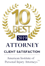 Badge with golden laurel wreath and text: "10 Best 2019 Attorney Client Satisfaction, American Institute of Personal Injury Attorneys.